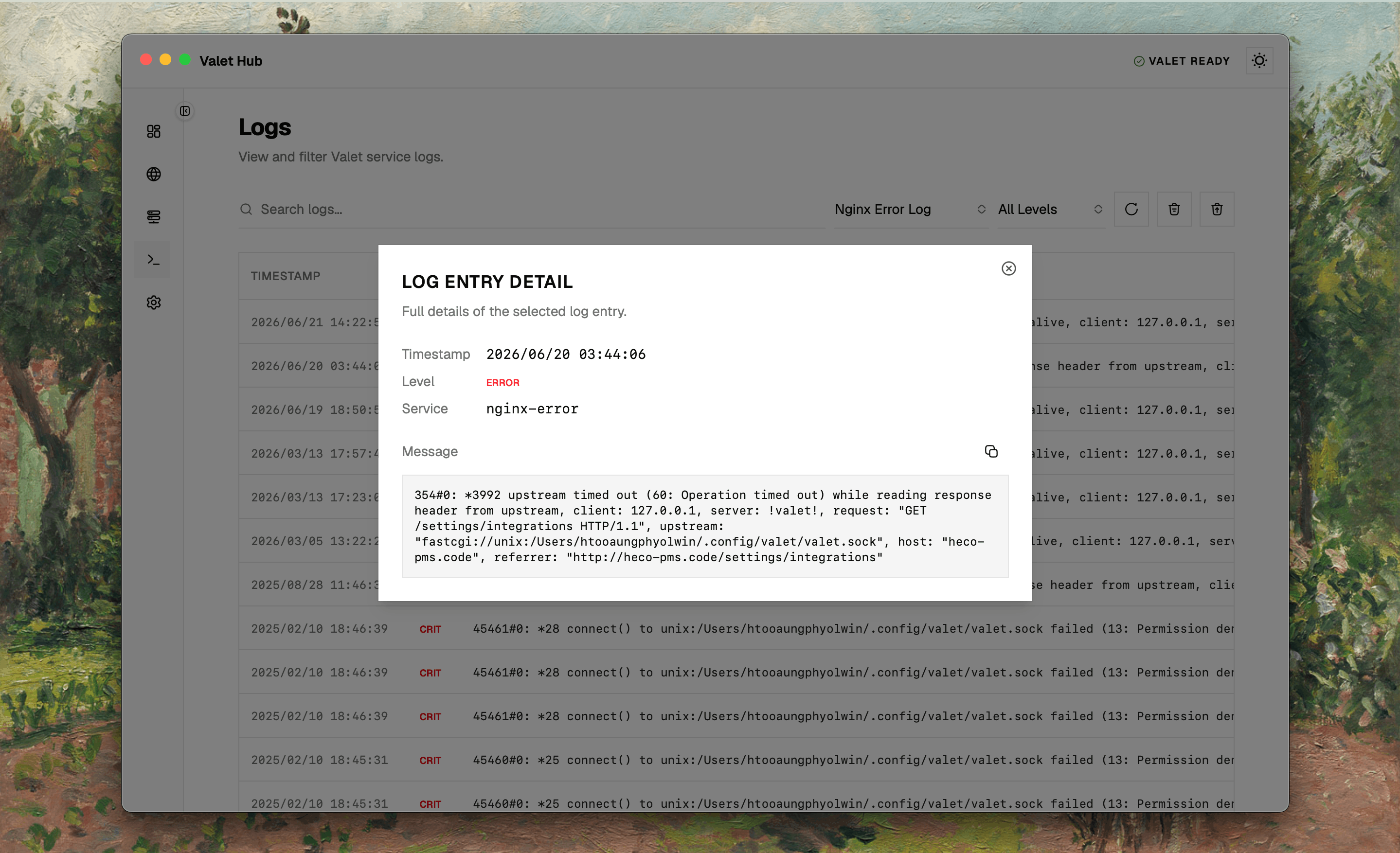 Log entry detail dialog showing full message with copy button