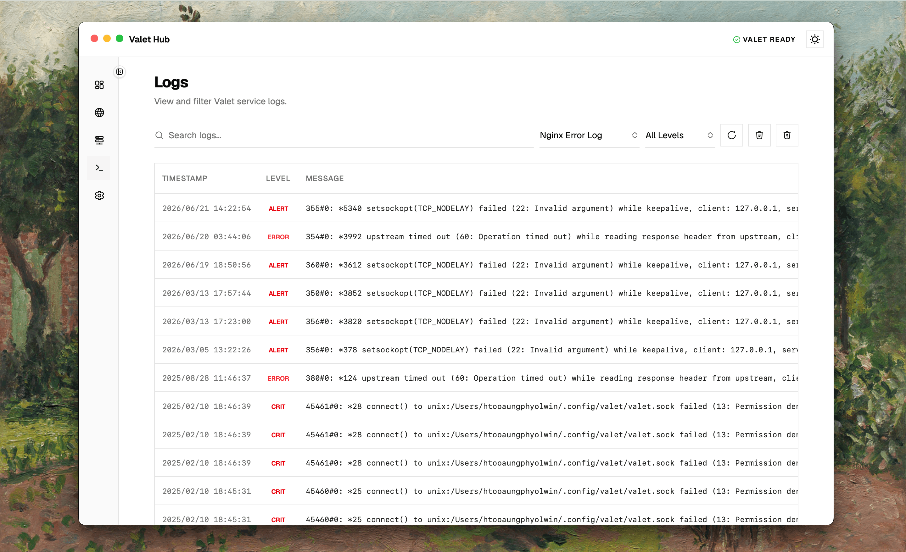 Logs page with source selector, toolbar, and paginated log table