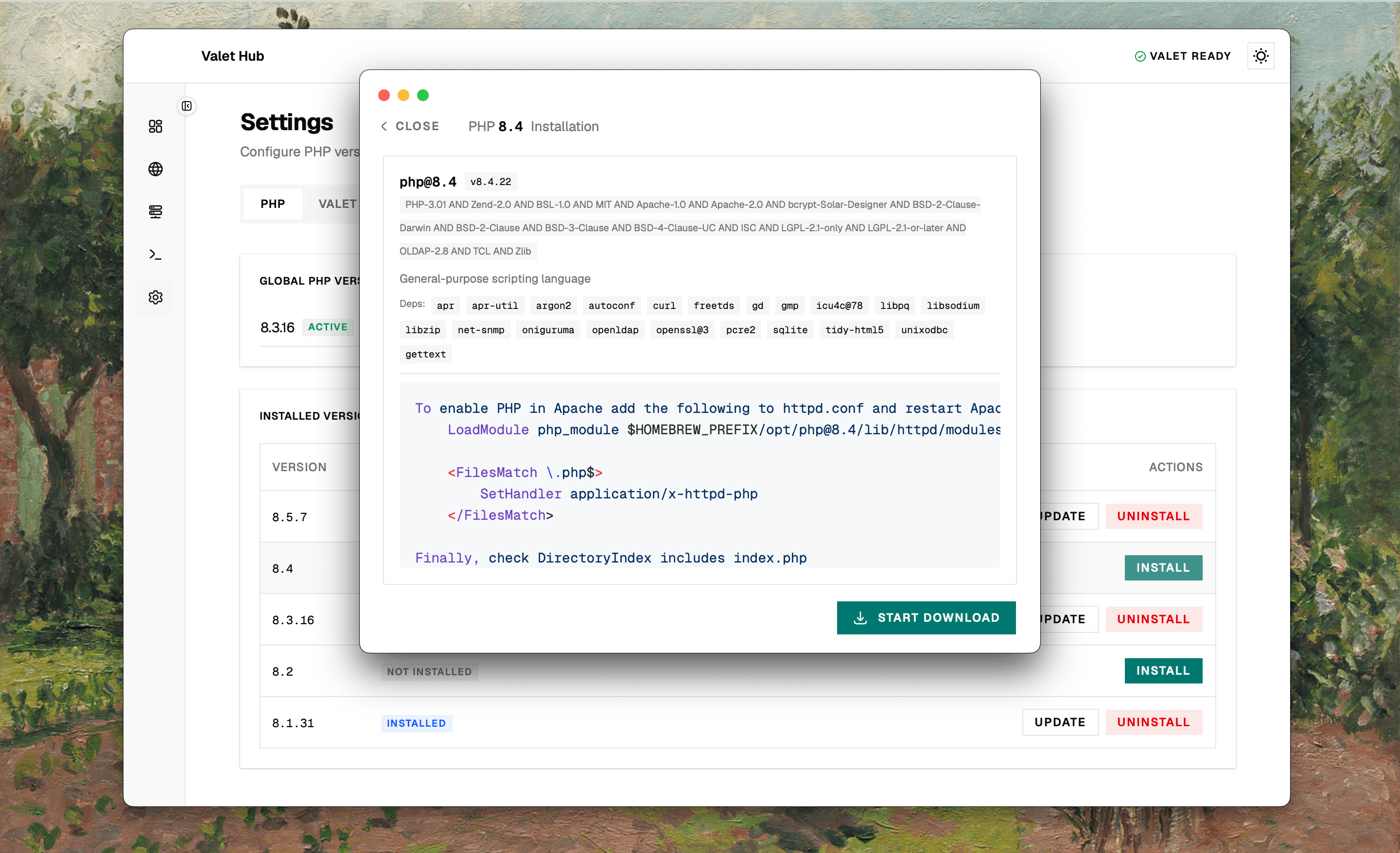 Download window for a PHP version via Homebrew
