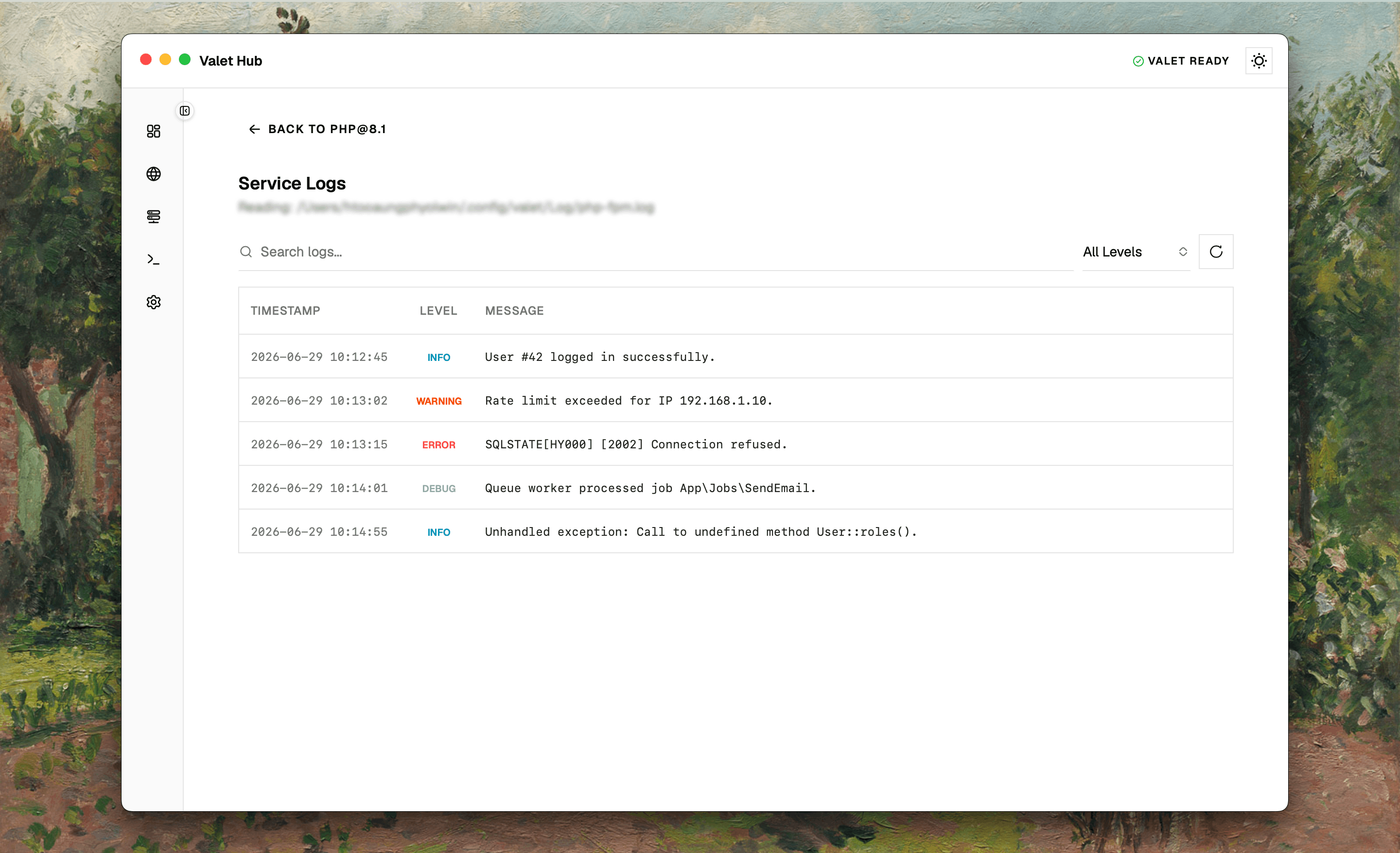 Service logs page with source selector, filters, and paginated log table