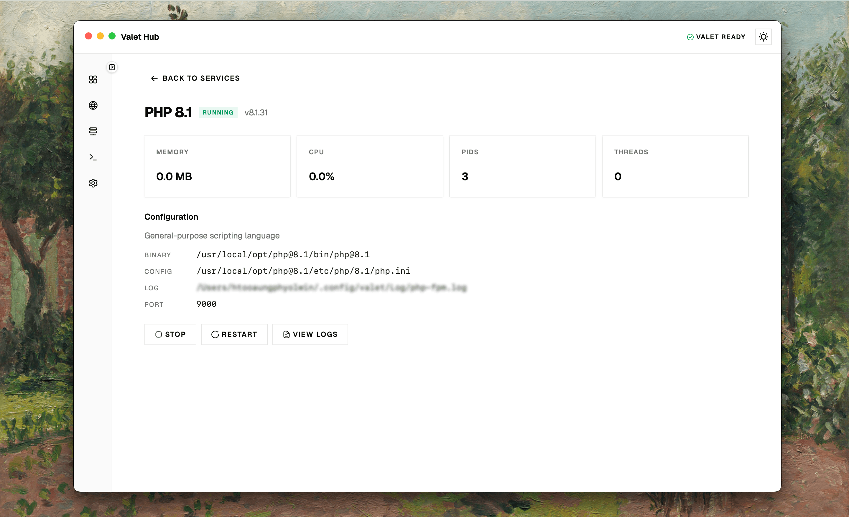 Service detail page with resource cards and configuration section