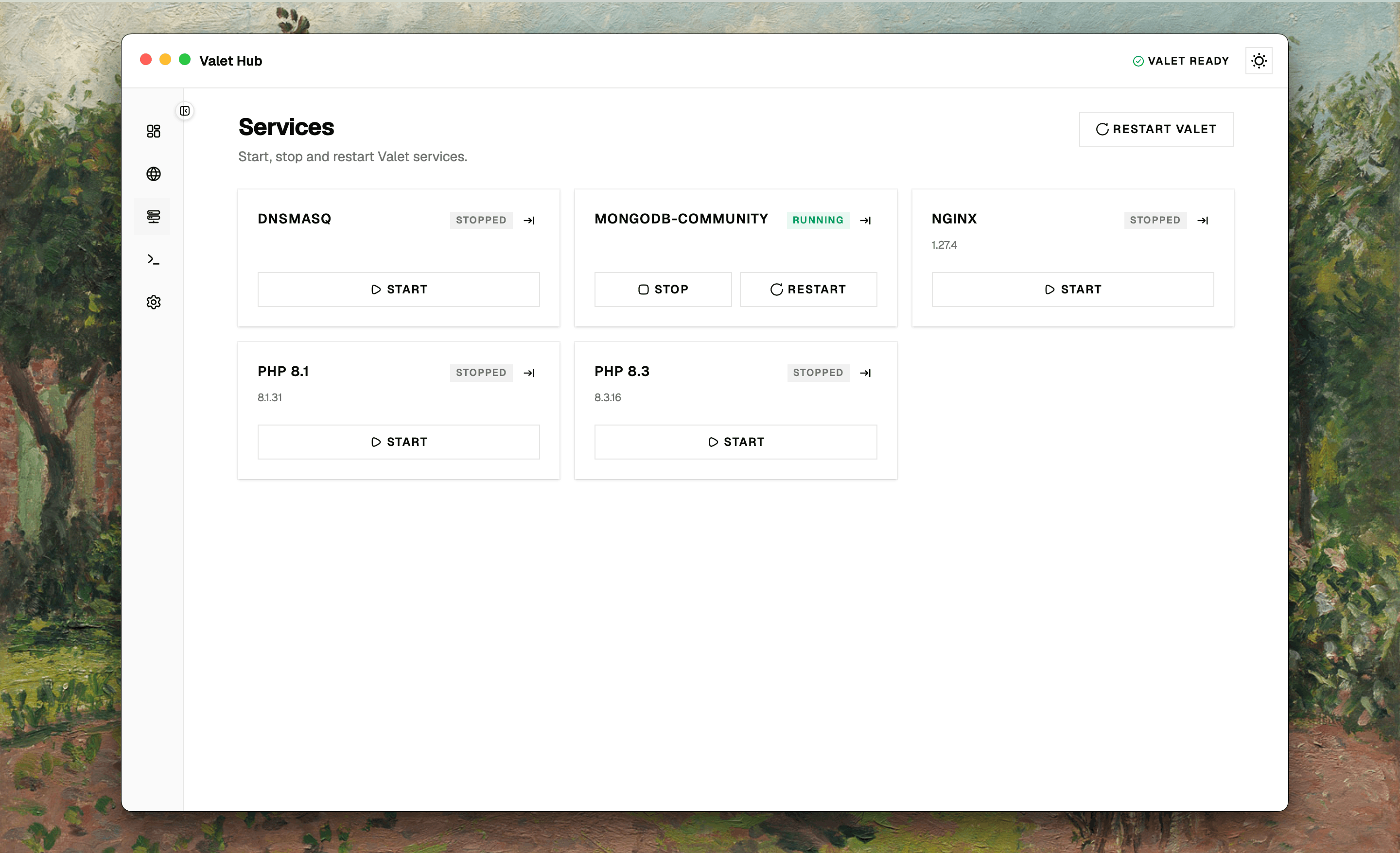 Services page with service cards and restart button