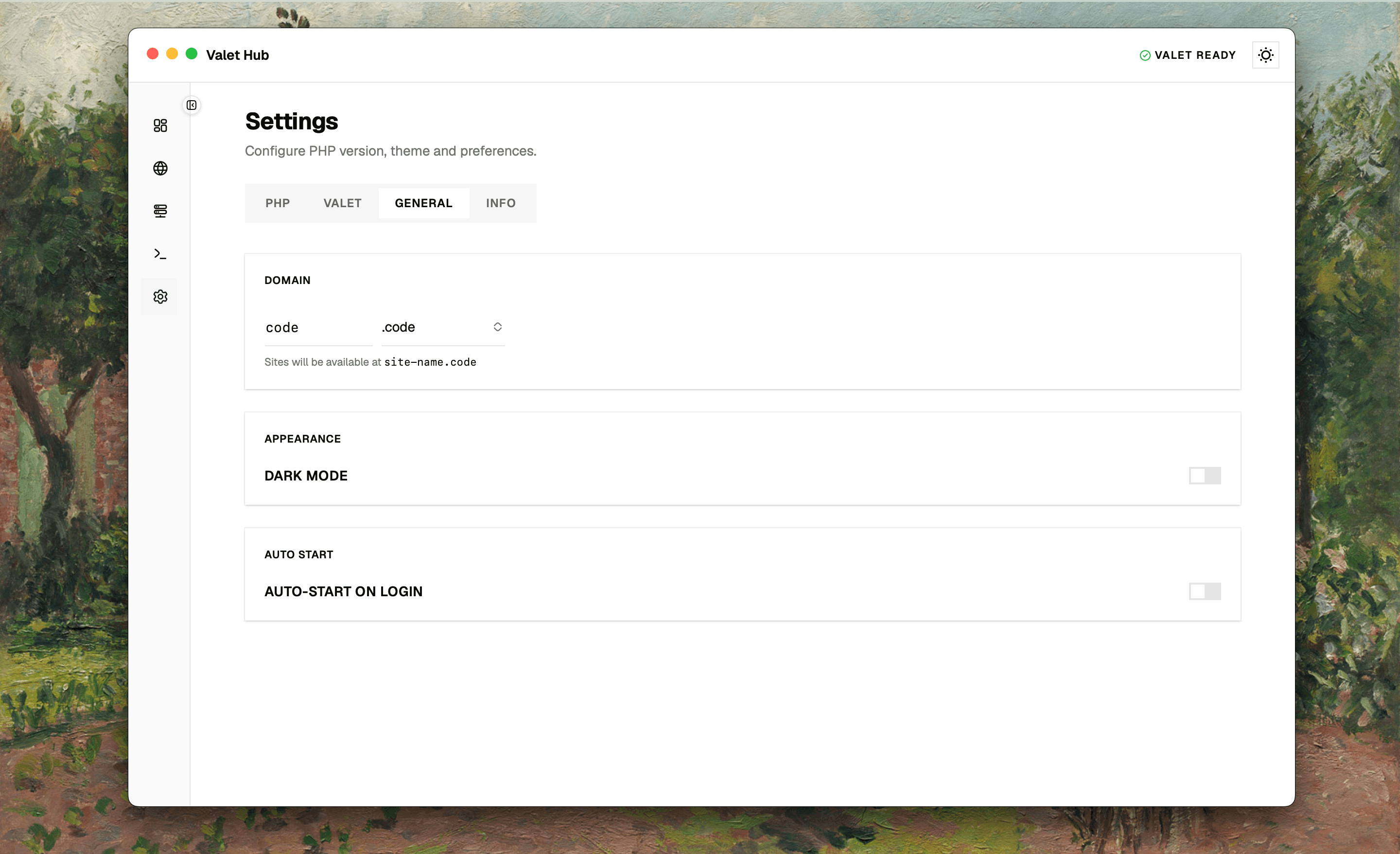 Settings General tab with domain, appearance, and auto-start controls