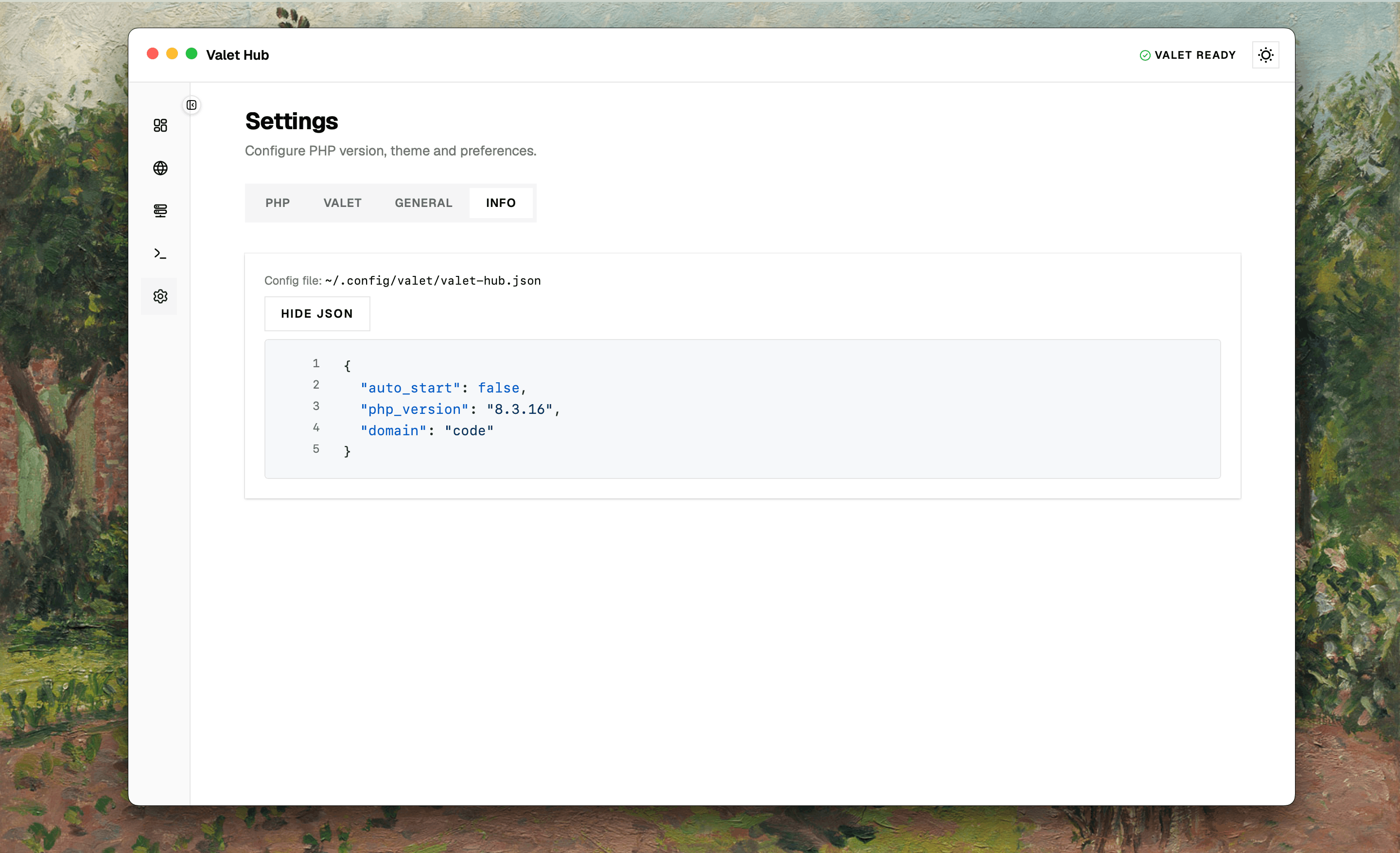 Settings Info tab showing app configuration with Show JSON toggle