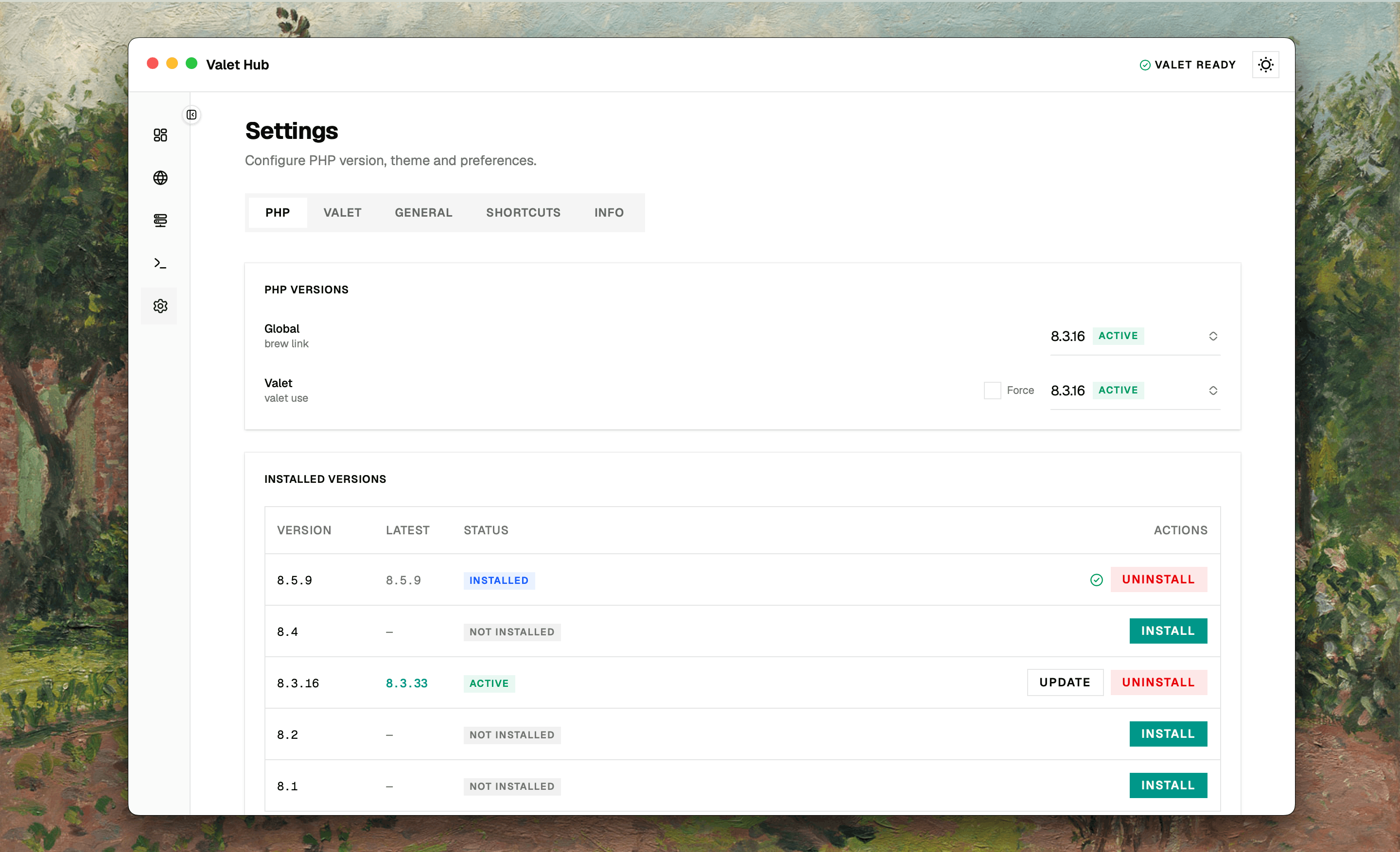 Settings PHP tab with Global and Valet selectors and version management table
