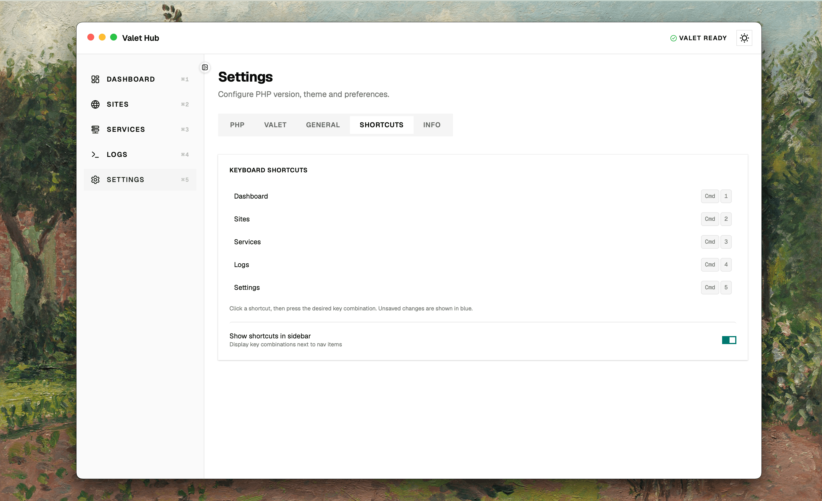 Settings Shortcuts tab showing configurable key combinations