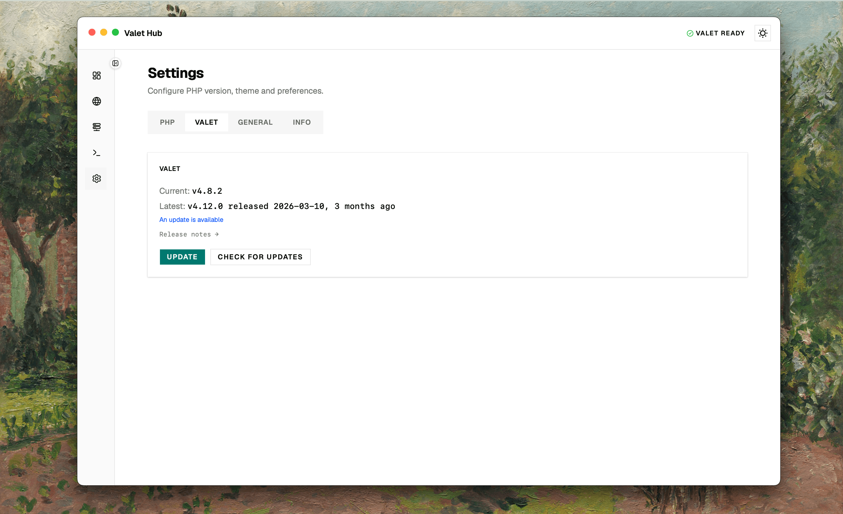 Settings Valet tab showing current and latest version with update controls