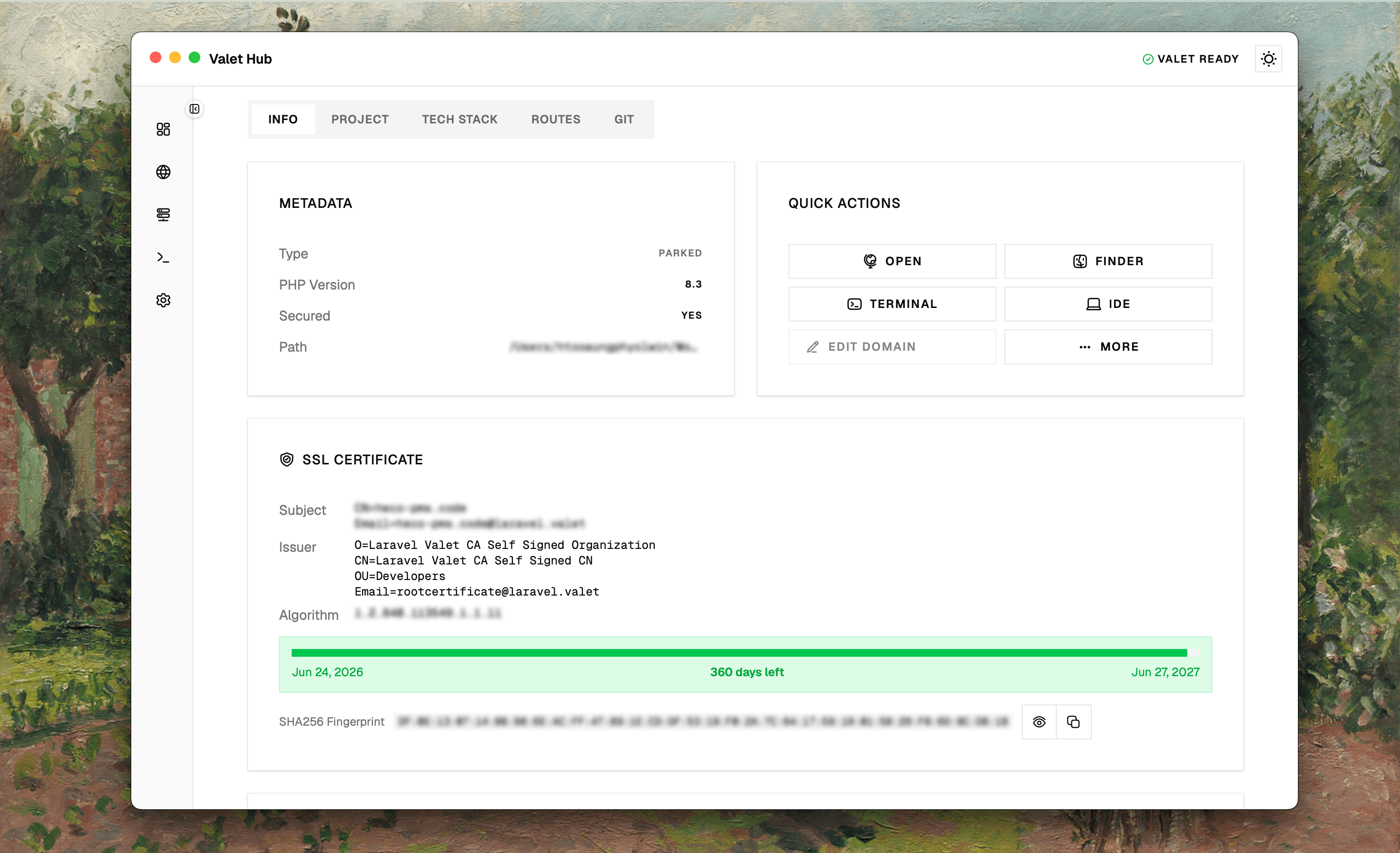 Info tab showing SSL certificate card, nginx config, and error log