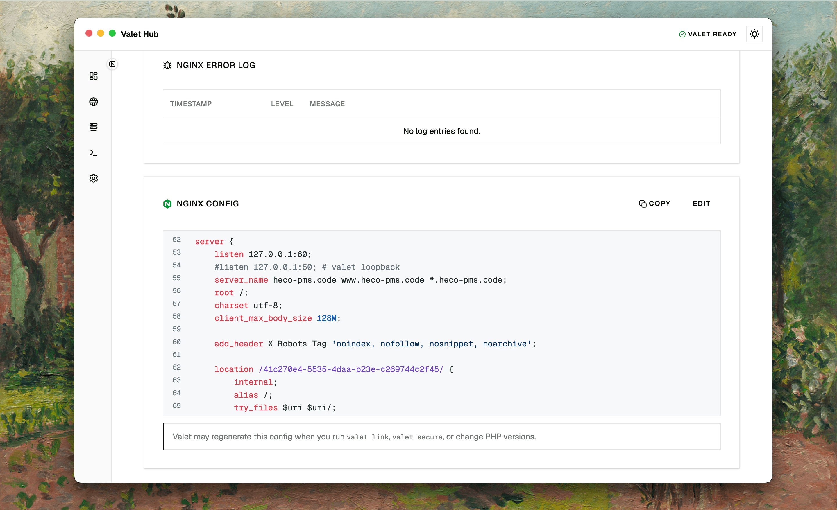 Nginx config card showing the server block with Copy and Edit buttons