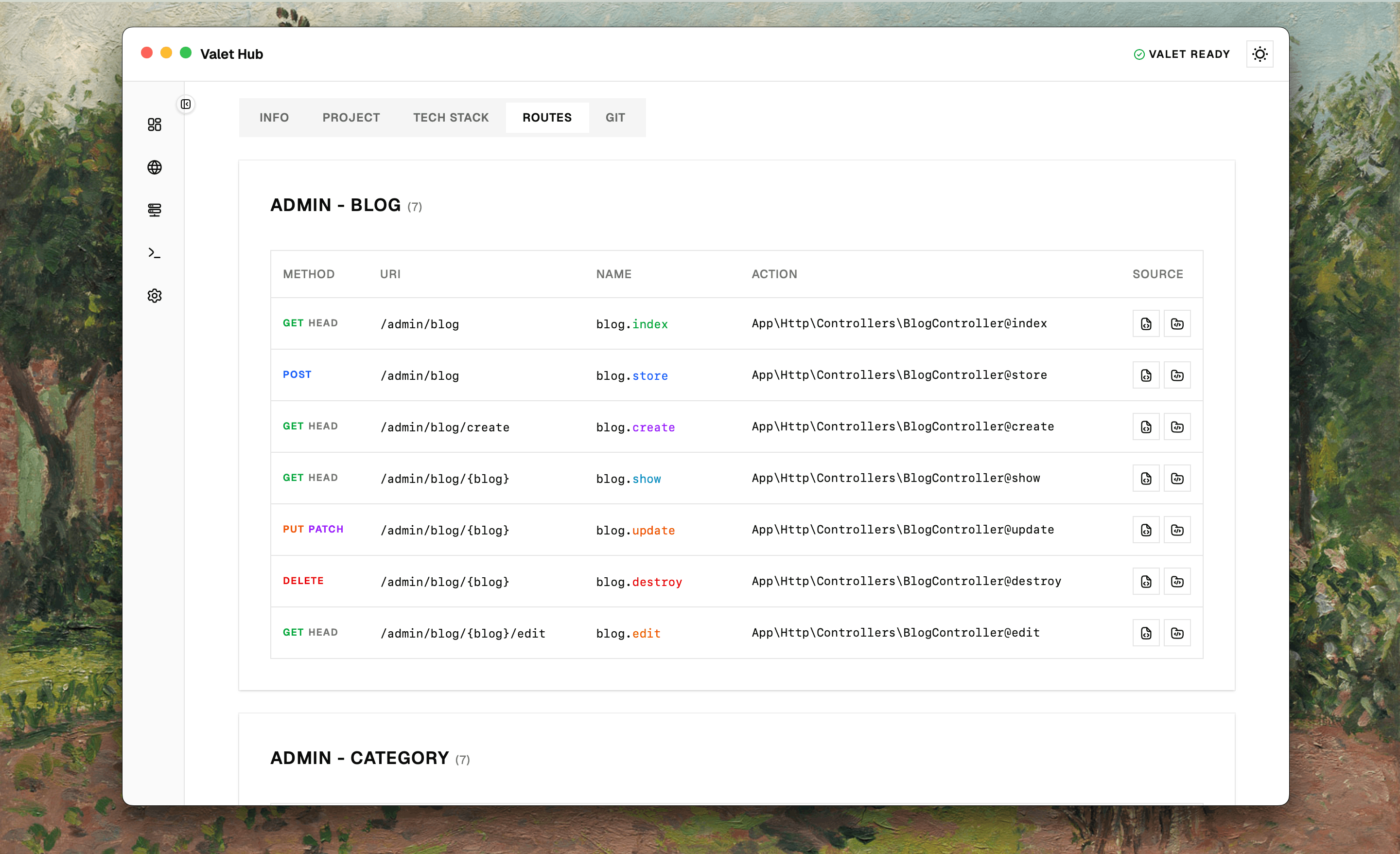 Routes tab with grouped route cards and method badges