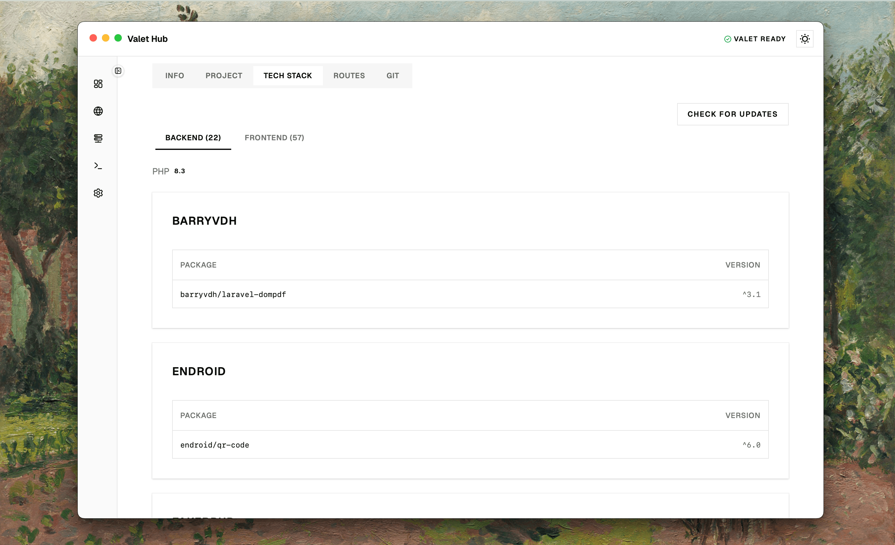 Tech Stack tab with backend and frontend dependency groups