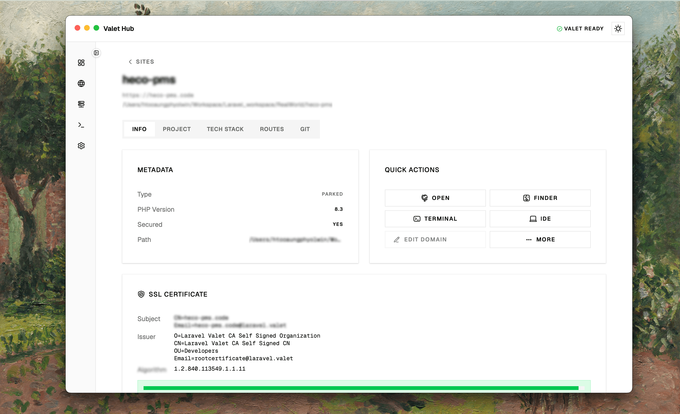 Site detail page with Info, Project, Tech Stack, Routes, and Git tabs