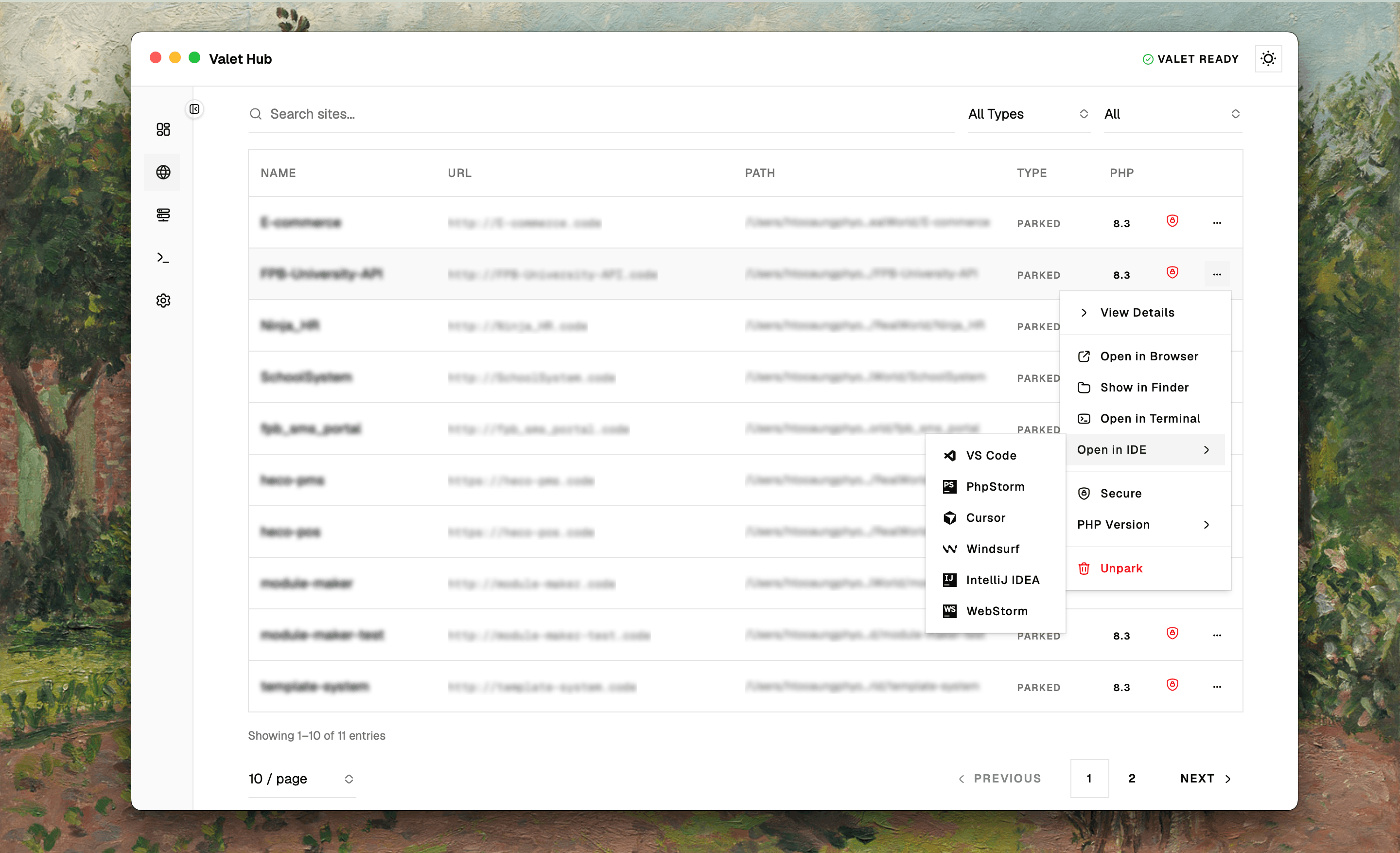 Sites list with IDE options