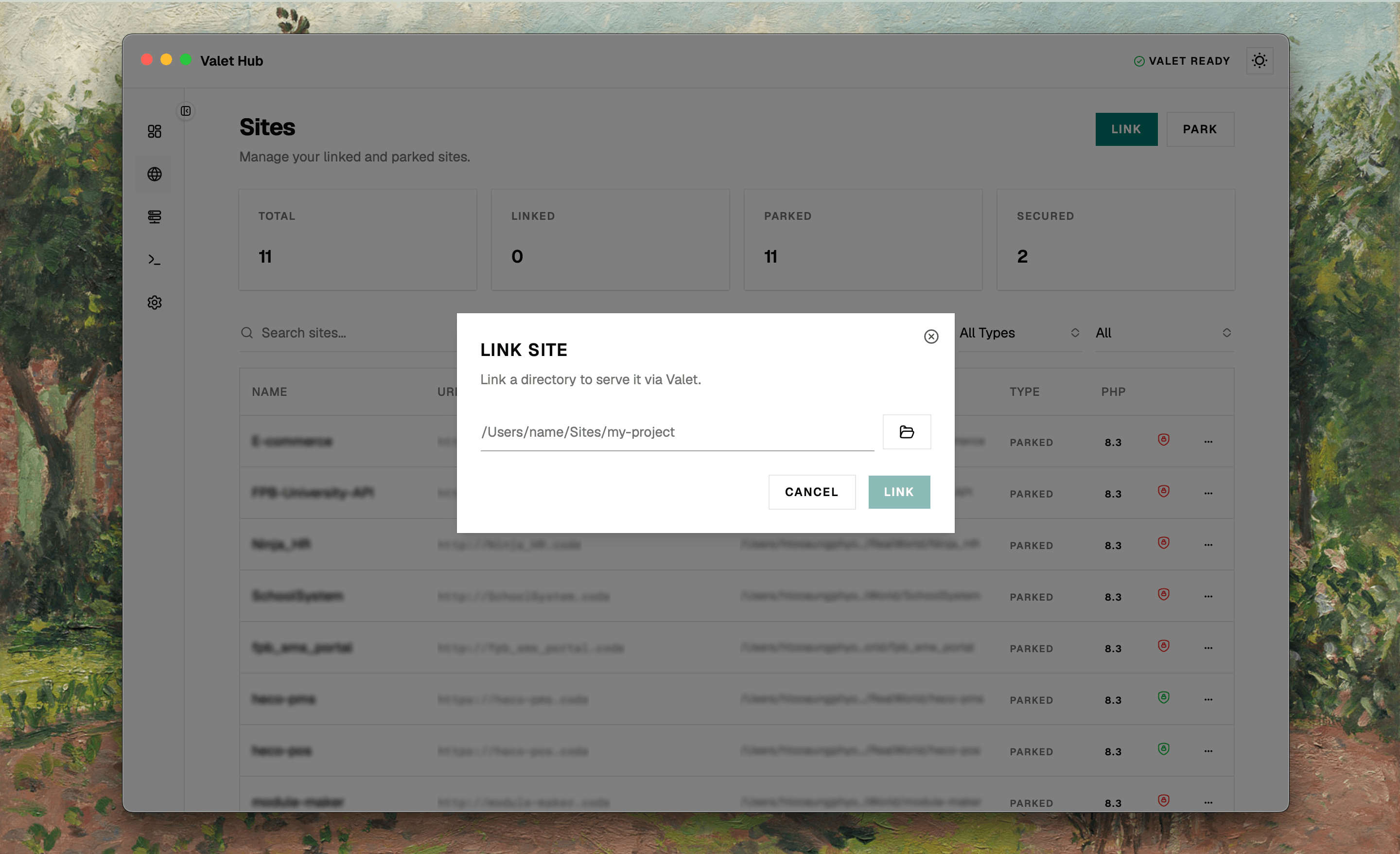 Link Site and Park Directory buttons in the toolbar