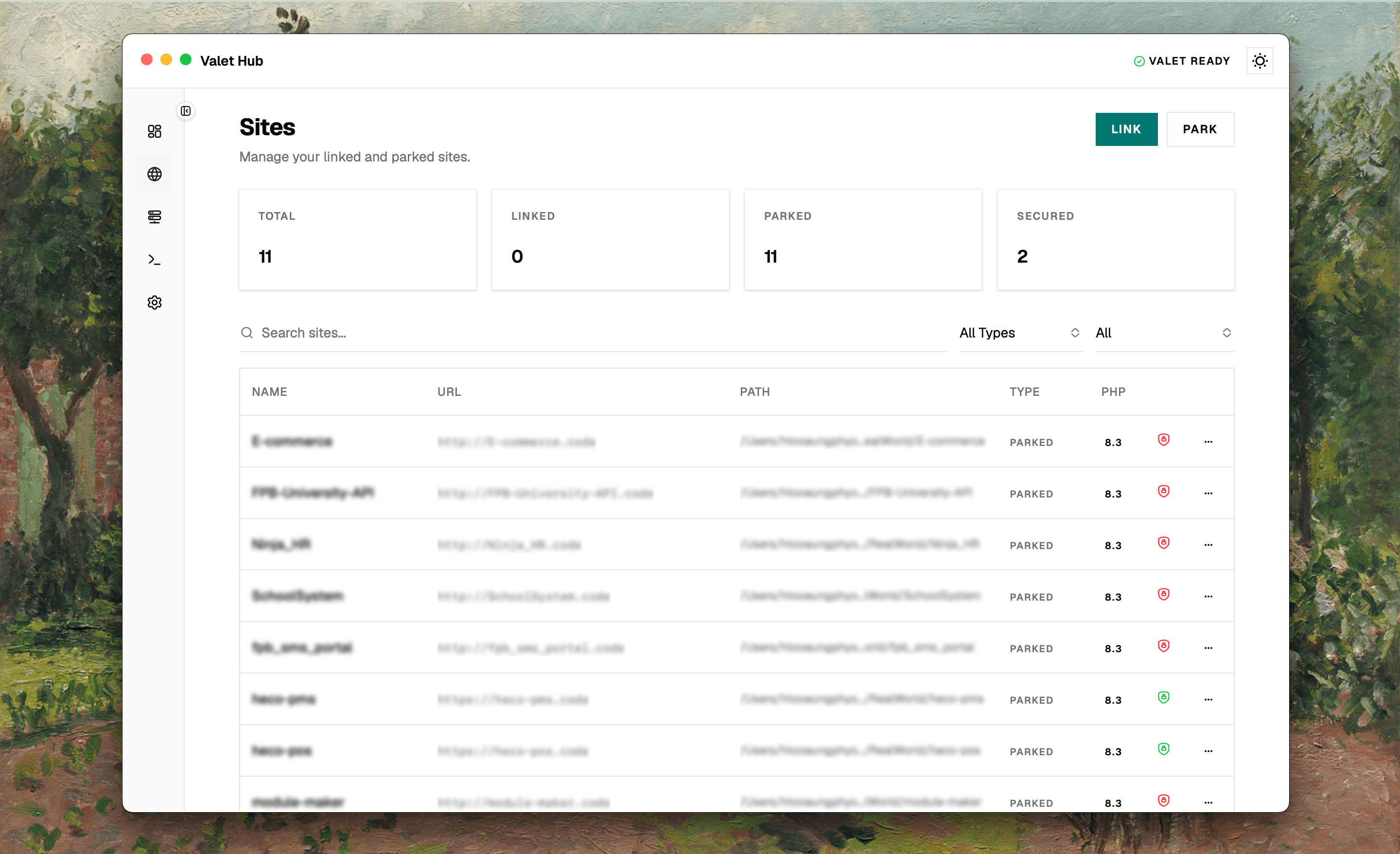 Sites list page with search, filters, and stats cards